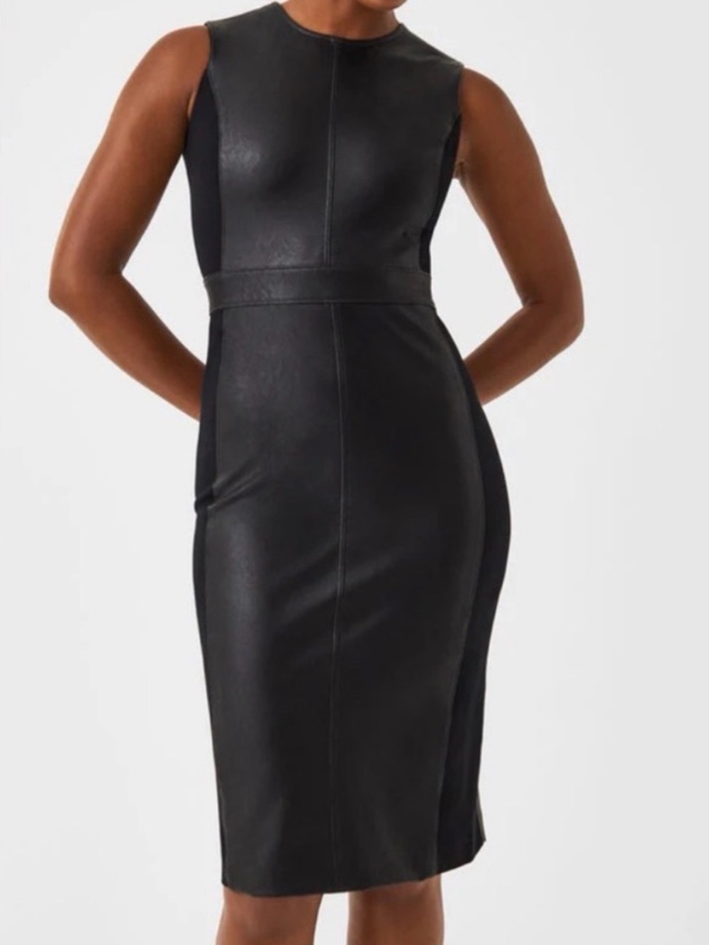 SPANX Black Faux Leather Paneled Midi Sheath Dress NWT Large - Picture 3 of 16